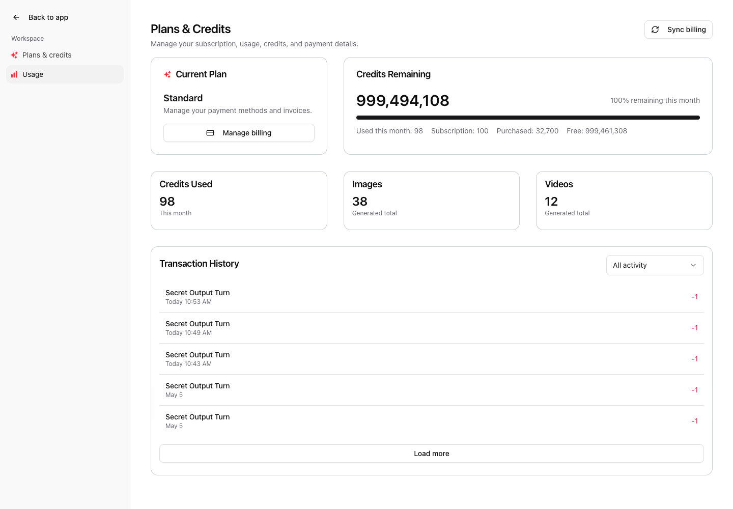 Usage tab opened from the Billing page.