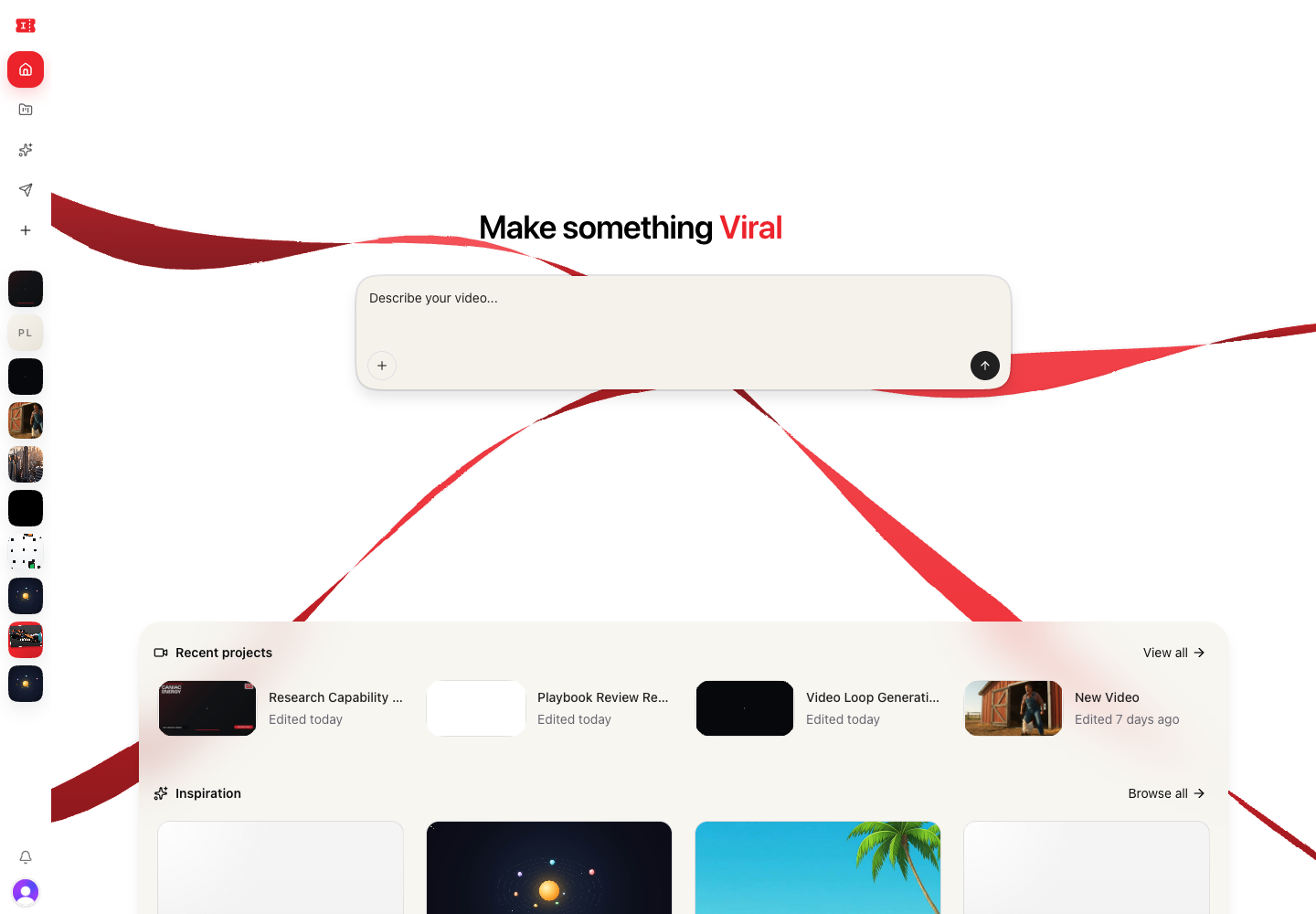 Home page with the starter composer, recent projects, and inspiration templates.