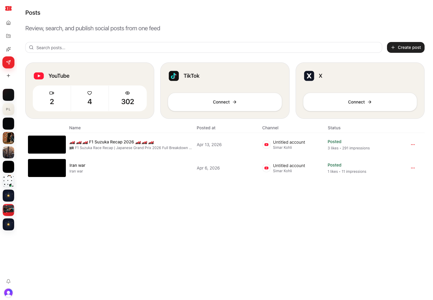 Posts page with connected channel stats and published posts.