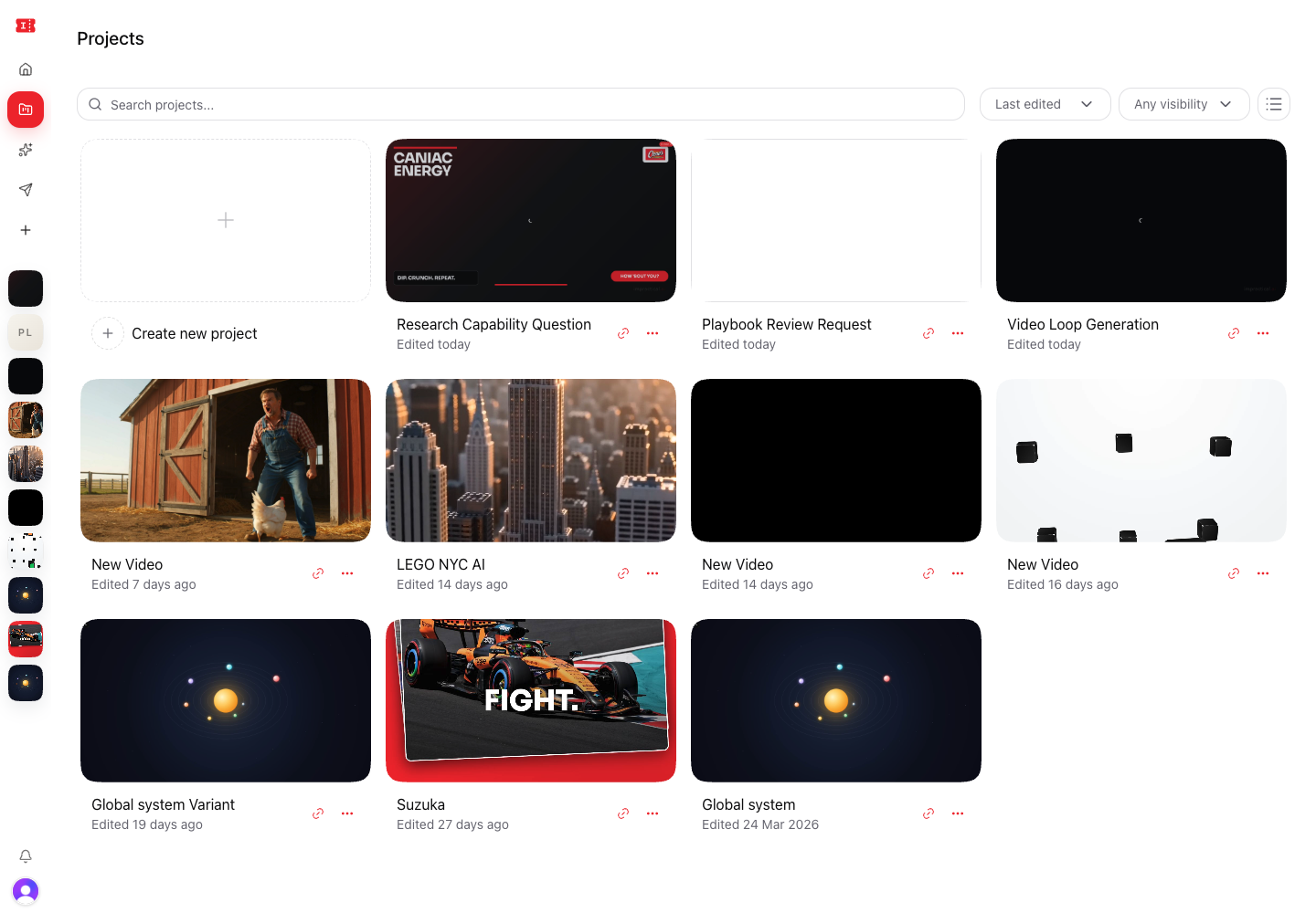 Projects page showing the project grid and create-new-project card.