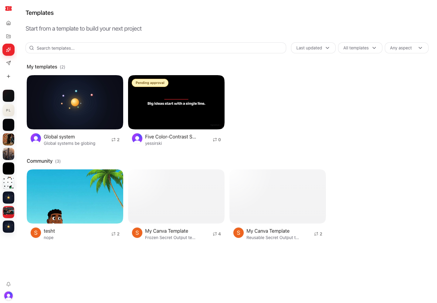 Templates page with personal and community template sections.