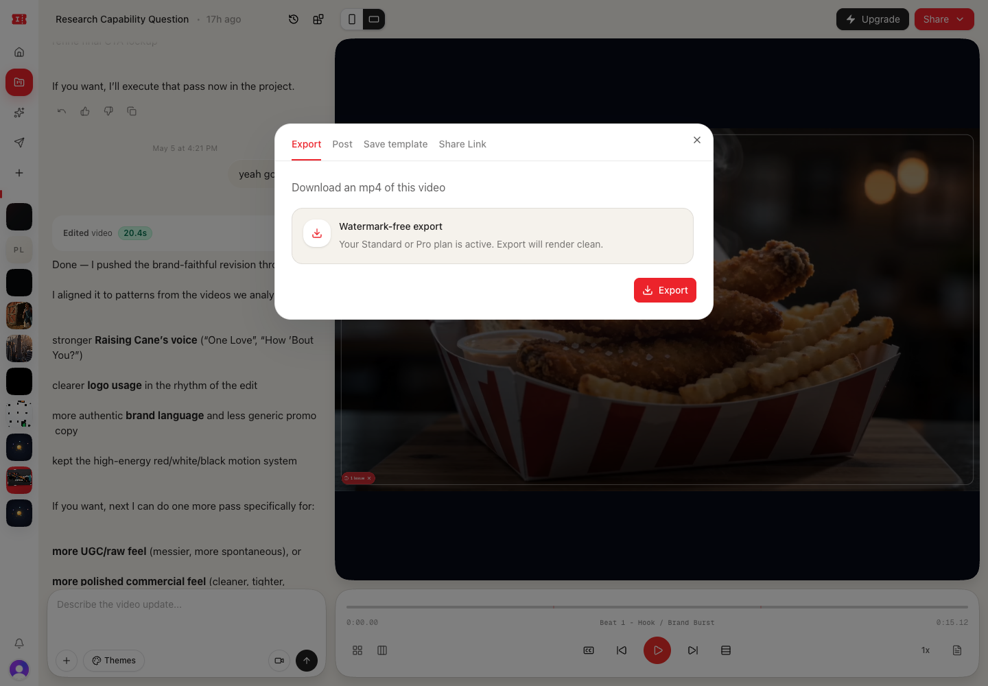 Export tab in the Share Project modal.