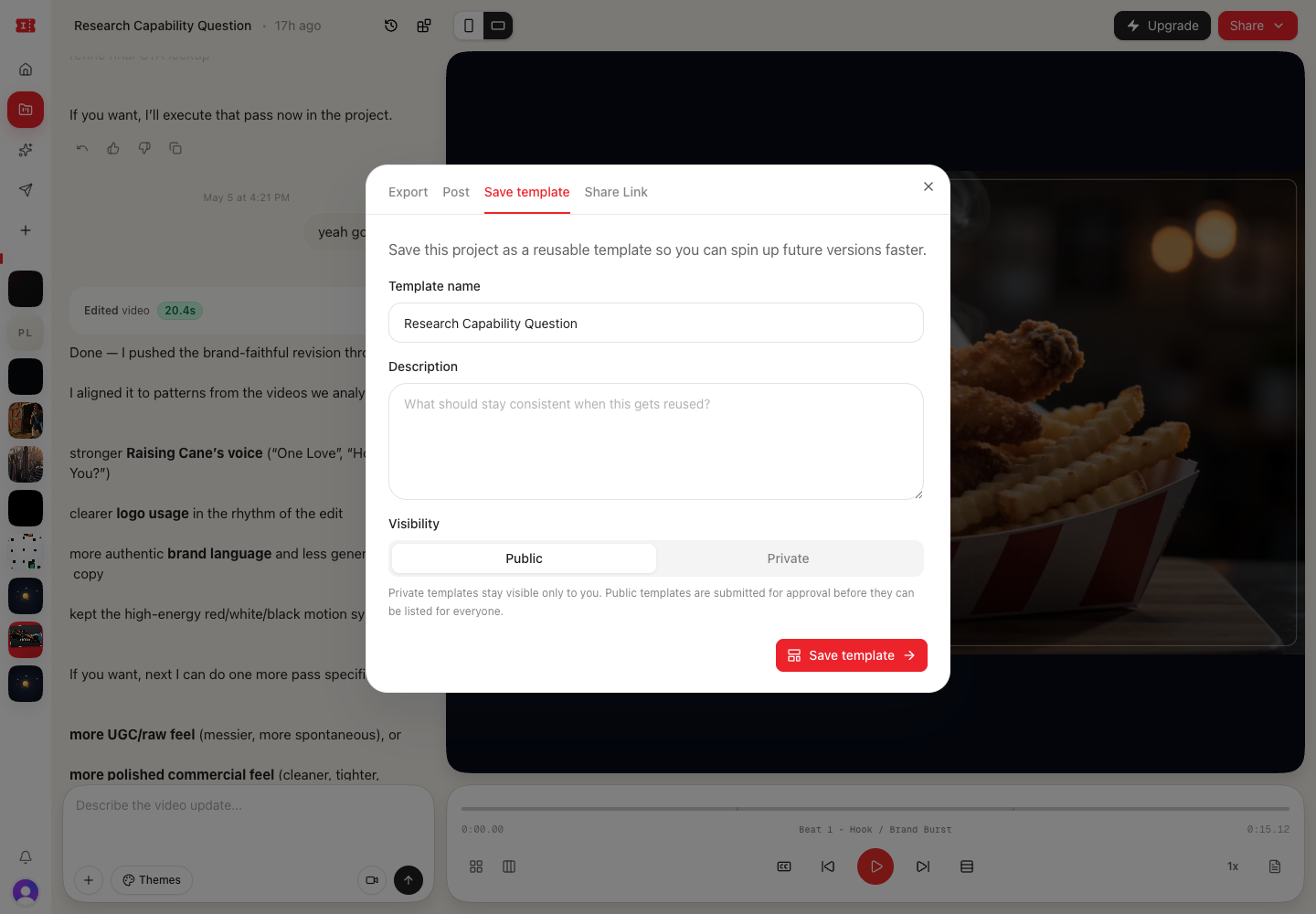Save template tab with template name, description, and visibility controls.