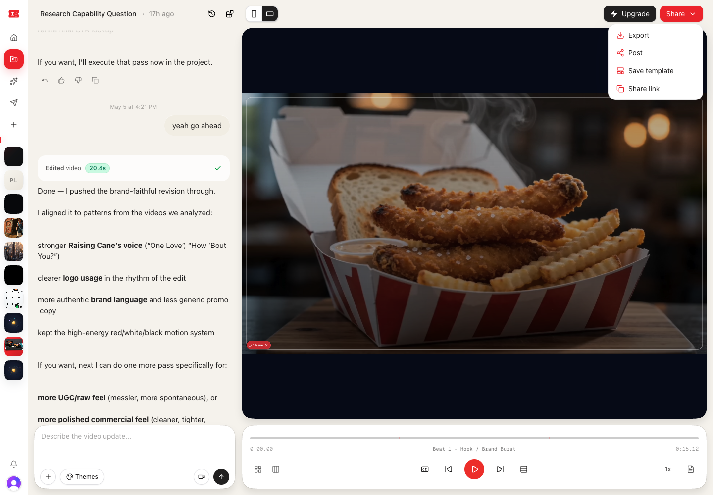 Share dropdown opened from the video workspace.